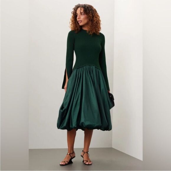 SIMKHAI | Kenlie Midi Dress Long Sleeve Mock Neck Emerald Green - Picture 1 of 8
